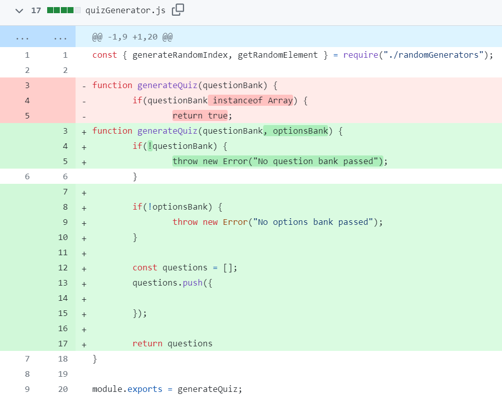 GitHub diff of the first correct implementation of quiz generator