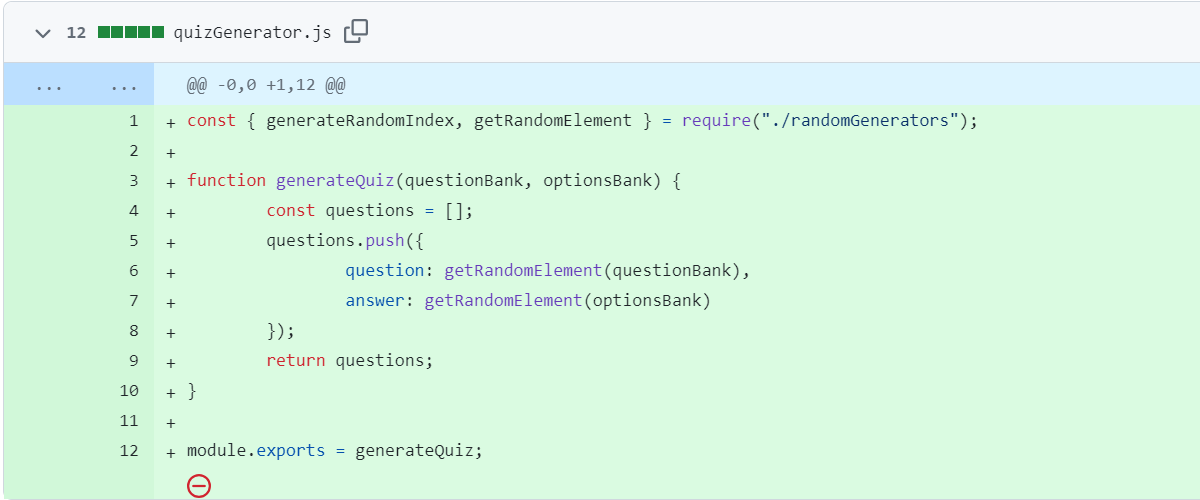 A GitHub diff of the implementation: quizGenerator.js